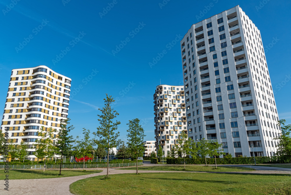Modern multistory apartment buildings seen in Munich, Germany