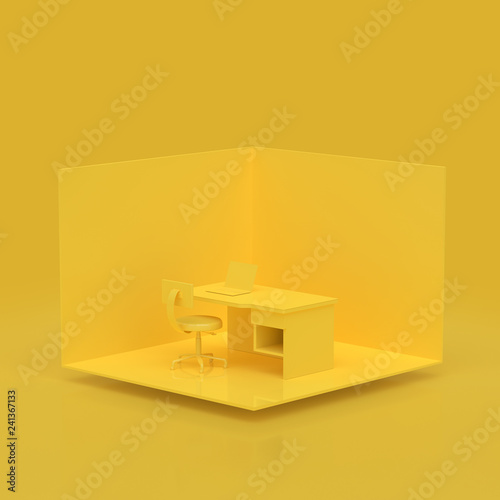 Minimal concept. Work desk with laptop yellow color.