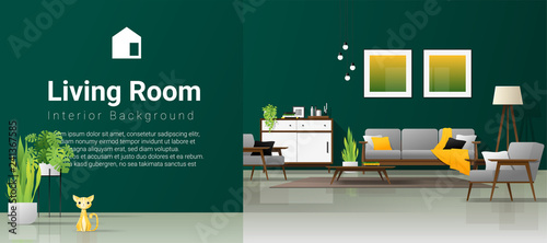 Interior background of modern living room in natural concept with wooden furniture , plants and green wall , vector , illustration