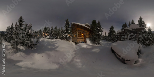 Panorama house chalet during a snowfall in the trees winter forest at night in the moonlight. Spherical 360vr panorama