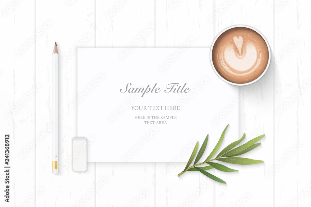 Flat lay top view elegant white composition paper pencil eraser tarragon leaf and coffee on wooden background Flat lay top view elegant white composition paper pencil eraser tarragon leaf and coffee on wooden background