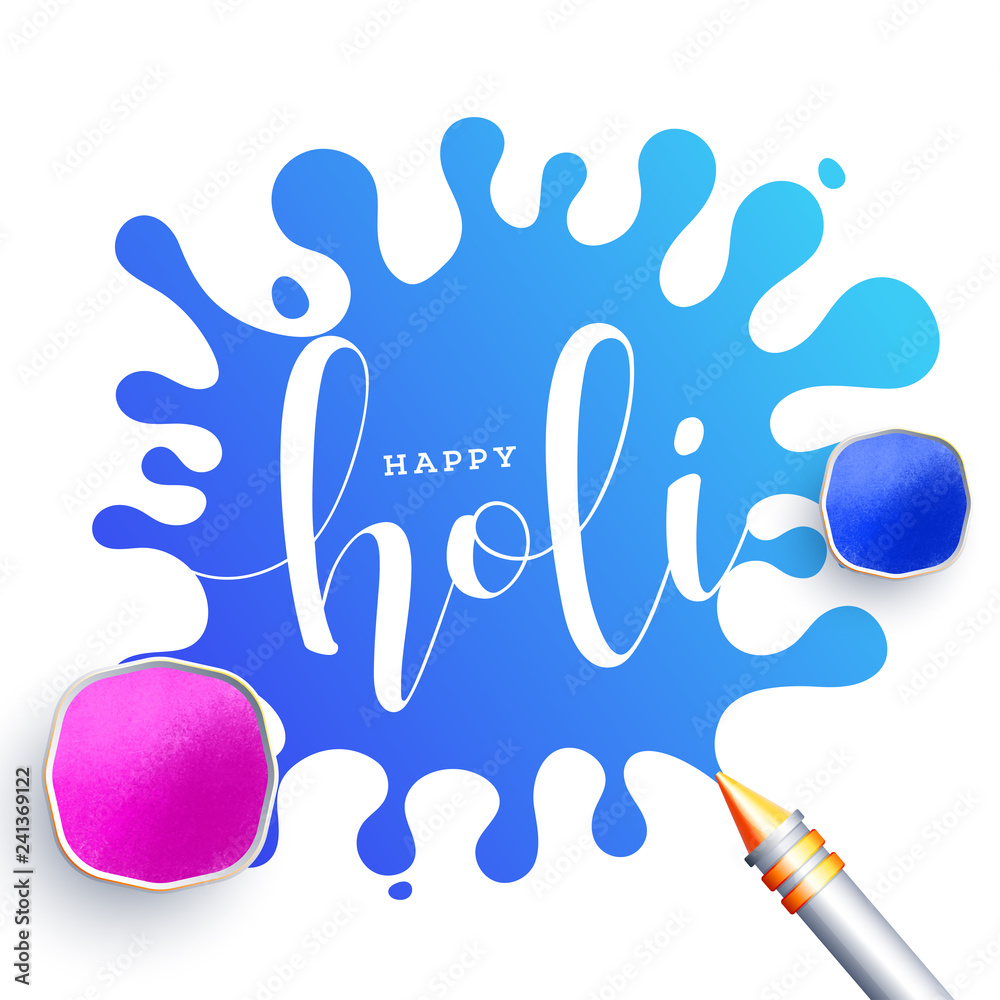 Top View bowls full of powder colours with color gun on blue color splash background for Happy Holi festival celebration concept. Top View bowls full of powder colours with color gun on blue color splash background for Happy Holi festival celebration concept.