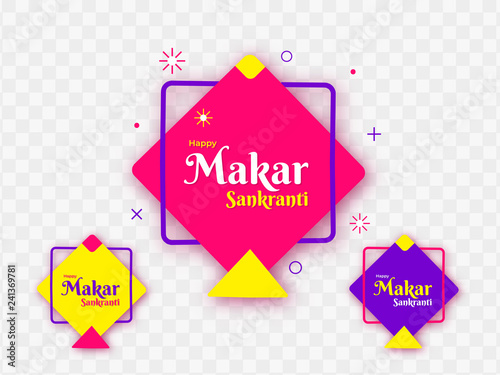 Colorful kites decorated on png background for Happy Makar Sankranti celebration concept.