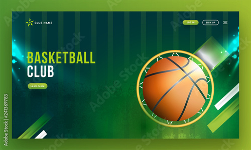 Top view of basketball hoop with ball on abstract green background. Basketball club landing page design.