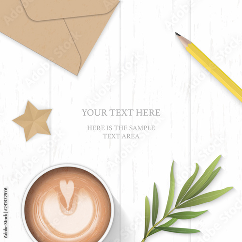 Flat lay top view elegant white composition paper leaf kraft envelope yellow pencil and star craft and tarragon leaf on wooden background
