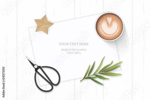 Flat lay top view elegant white composition paper yellow pencil star craft coffee tarragon leaf and vintage metal scissors on wooden background