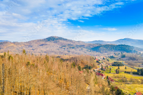 Beautiful countryside landscape of town of Lokve in Gorski kotar, Croatia, in winter, panoramic view