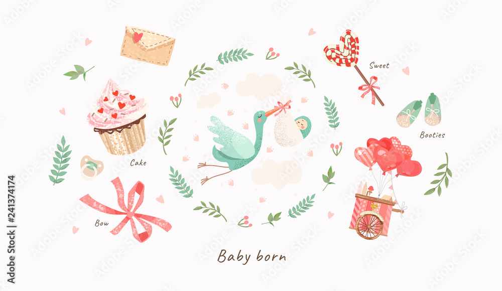 Φωτογραφία cute illustration of a stork with a baby in a flower frame, vector isolated obje
