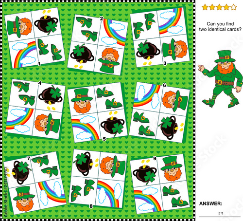 Visual logic puzzle St. Patrick's Day themed: Find the two identical cards. Suitable both for children and adults. Answer included.
