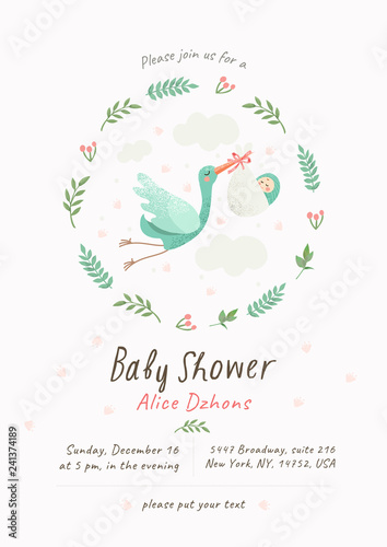 Baby Shower Invitation template with cute illustration of a stork with a newborn in a flower frame, vector isolated card for congratulations on a newborn