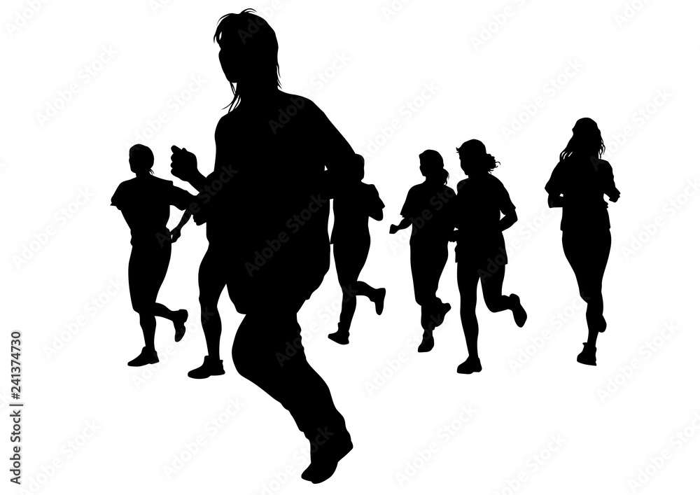 Woman athletes on running race on white background
