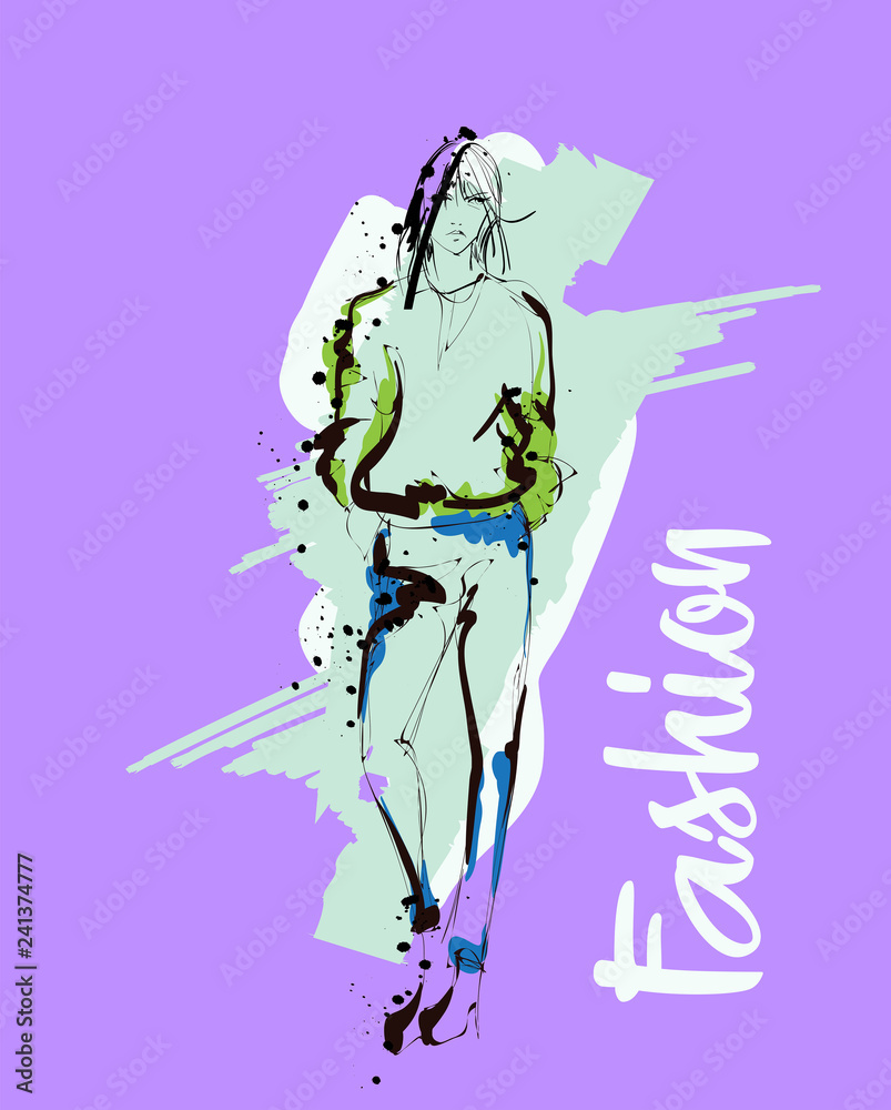 Obraz premium Fashion girl sketch. Fashion illustration. Drawing fashion model