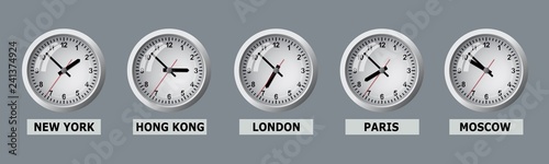 A board that shows the time in different cities of the world.