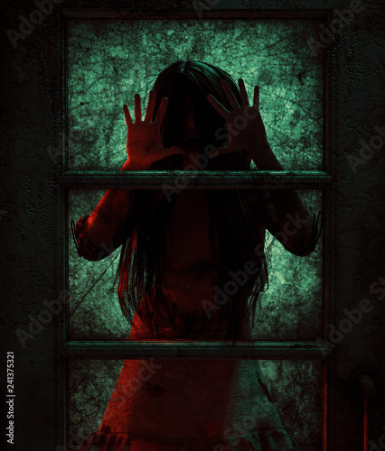 Fotografía Ghost woman behind the doors,3d illustration