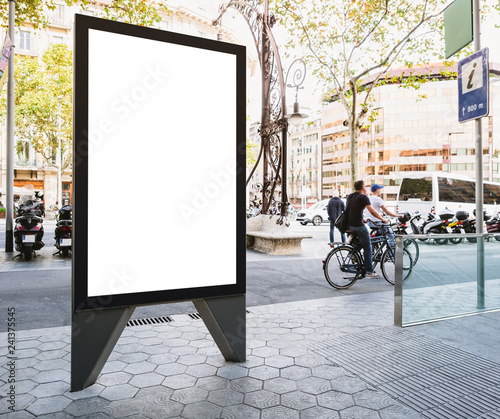 Photography Mock up Banner stand Media outdoor Information Sign with people riding on City s