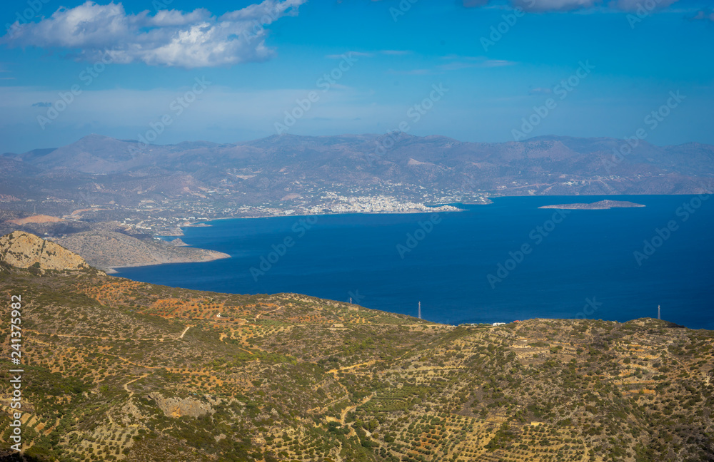 Agios Nikolaos, Crete - 09 29 2018: Moni Faneromenis Monastery. Panorramic view of Mirabello Bay