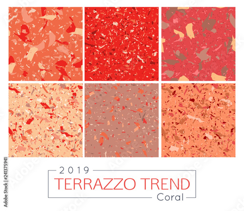 Set of six colorful terrazzo patterns. Italian natural mosaic floors vector illustration