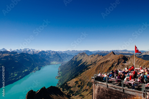 Outdoor luch area on scenic terreace of Brienzer Rothorn, Entlebuch, Switzerland photo