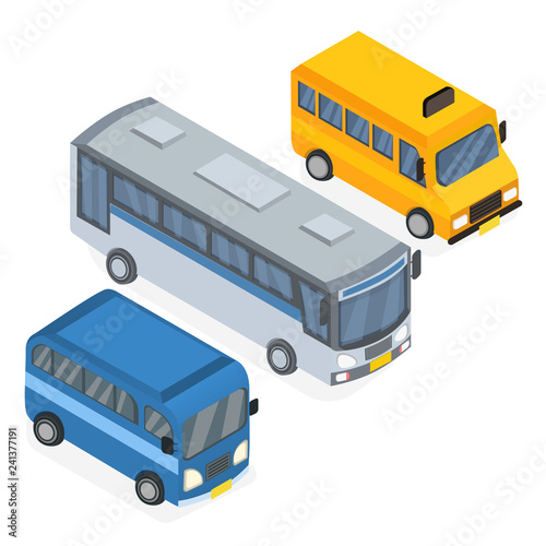 Set Bus, Mini Bus, and School Bus Isometric Vector Illustration