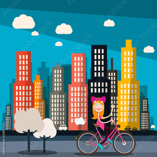 Woman on Bike with City Skyscrapers on Background