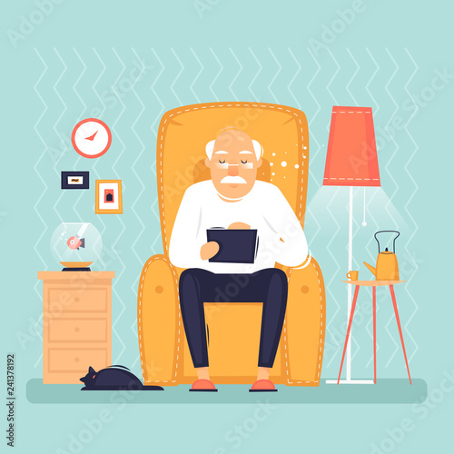Grandfather is sitting with a tablet. Interior. Internet, modern old people, pensioners. Flat design vector illustration