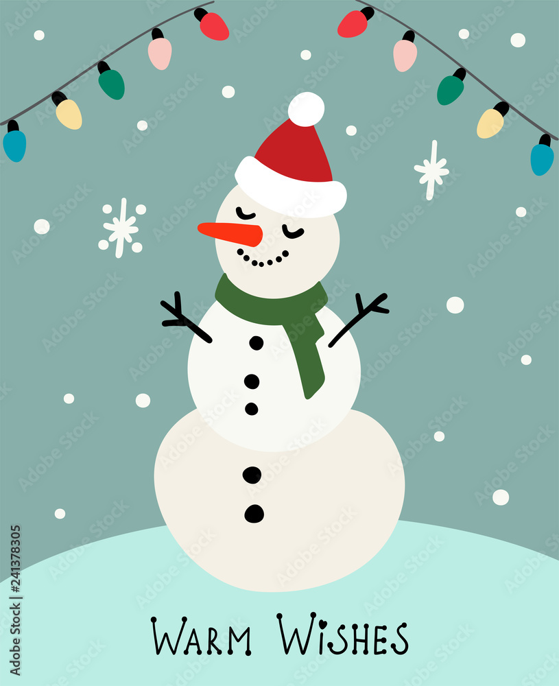 Cartoon invitation card. Snowman on light backdrop. Warm wishes. Vector new year illustration