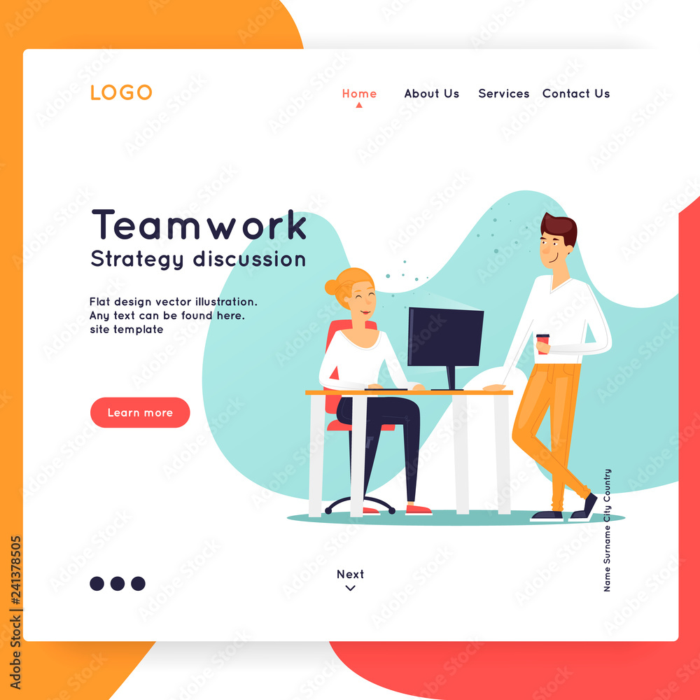 Landing page. Website Template. Teamwork, about us. Business workflow management. Office life, business, programmer. Data analysis. Brainstorming, meeting.  Flat design vector illustration