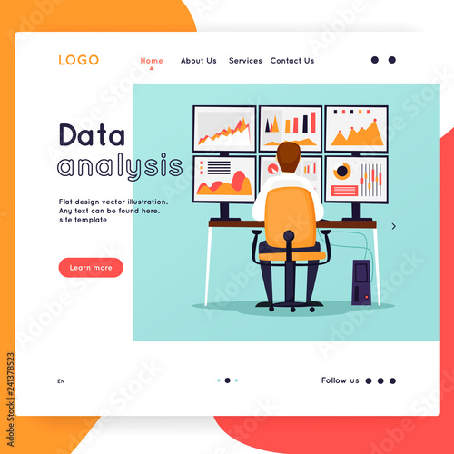 Website Template. Business workflow management. Office life, business, programmer. Data analysis. Landing page. Flat design vector illustration 