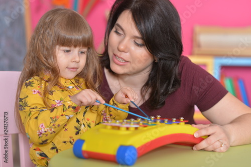 Close up portrait of mother with little daughter