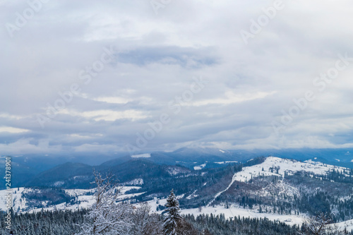 Beautiful winter panorama at Carpathian mountains.