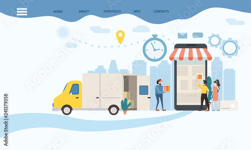 Landing delivery of goods, tracking of goods online tracker. Smartphone, parcel delivery truck, tiny people, characters buyer, supplier, stopwatch. Concept, idea, vector, illustration for web sites