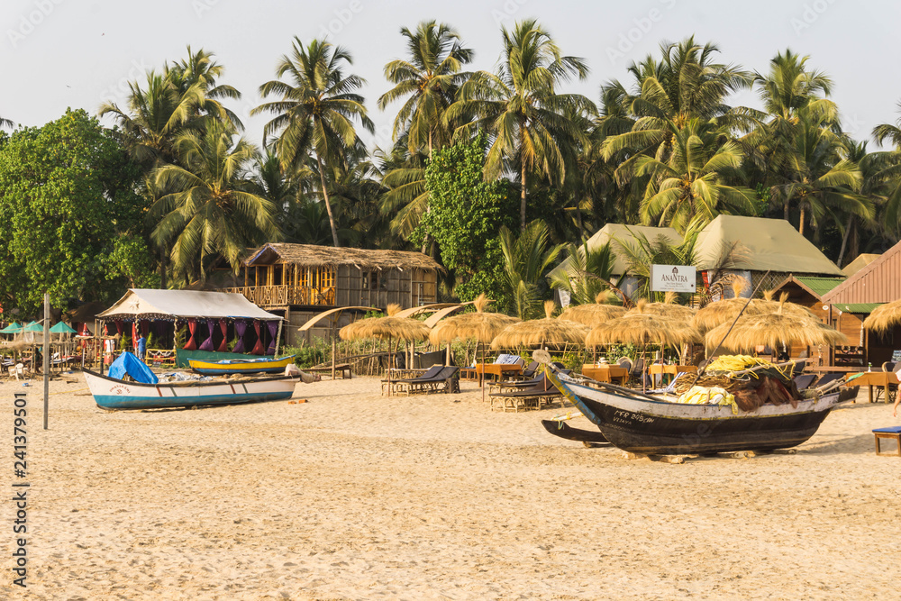 Beachfront huts along Agonda Beach in Southern Goa, India