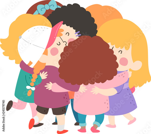 Kids Girls Group Hug Illustration