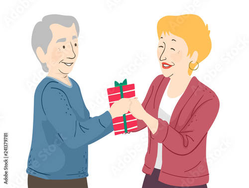 Senior Couple Gift Giving Illustration