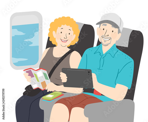 Senior Couple Tour Plane Illustration