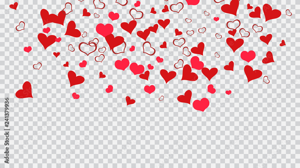 Red hearts of confetti are falling. Festive background. Red on Transparent fond Vector. A sample of wallpaper design, textiles, packaging, printing, holiday invitation for birthday.