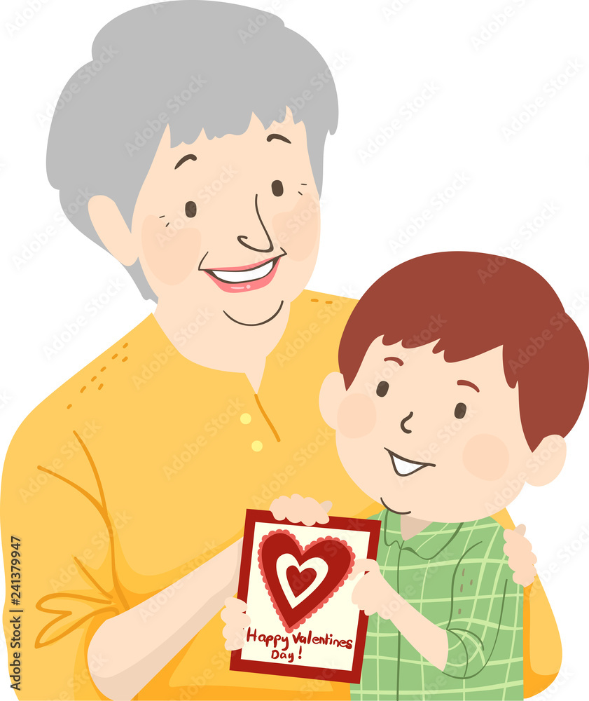 Senior Woman Kid Boy Card Valentines Illustration Senior Woman Kid Boy Card Valentines Illustration