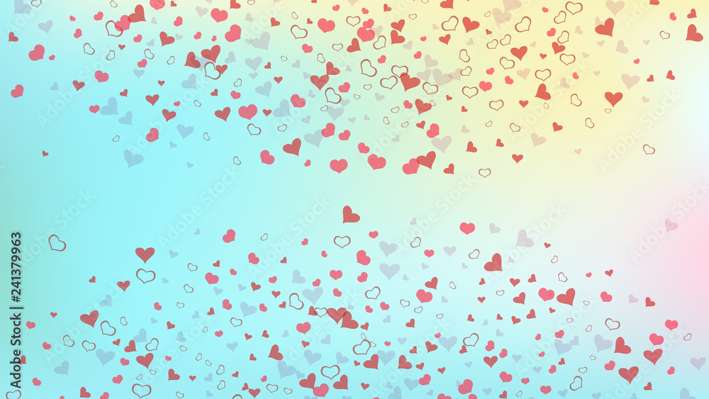 Red on Gradient background Vector. Light background. Red hearts of confetti are flying. Design element for wallpaper, textiles, packaging, printing, holiday invitation for birthday.