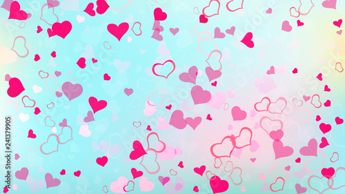 The idea of wallpaper design, textiles, packaging, printing, holiday invitation for Valentine's Day. Red on Gradient fond Vector. Red hearts of confetti crumbled. Light background.