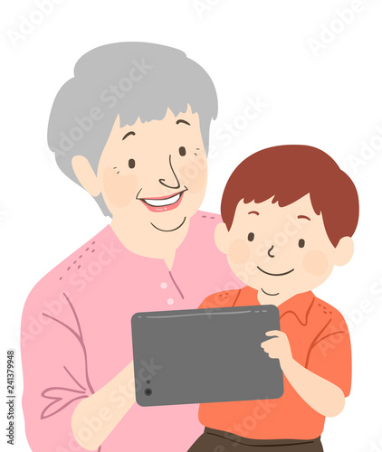 Senior Woman Kid Boy Tablet Illustration