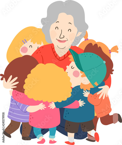 Senior Woman Kids Group Hug...