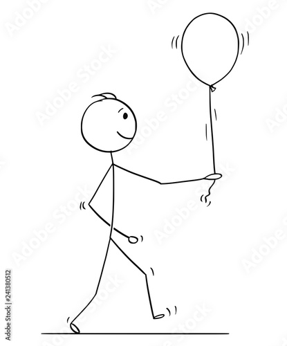 Cartoon stick drawing conceptual illustration of man holding or walking with balloon.