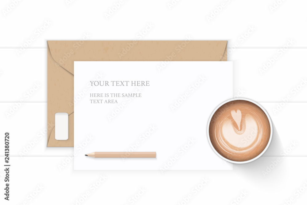 Flat lay top view elegant white composition letter kraft paper envelope coffee and pencil eraser on wooden background Flat lay top view elegant white composition letter kraft paper envelope coffee and pencil eraser on wooden background