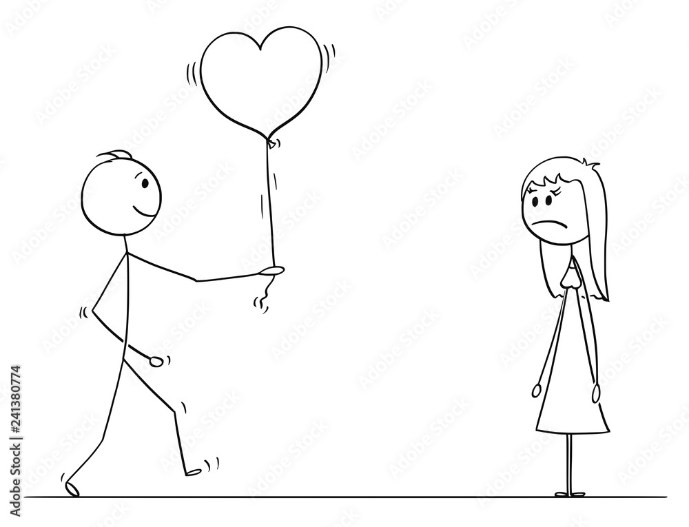 Cartoon Stick Drawing Conceptual Illustration Of Loving Man Or Boy In Love Giving Heart Shaped Balloon To Woman Or Girl On Date As Gift Or Present She Is Unhappy Stock Vector