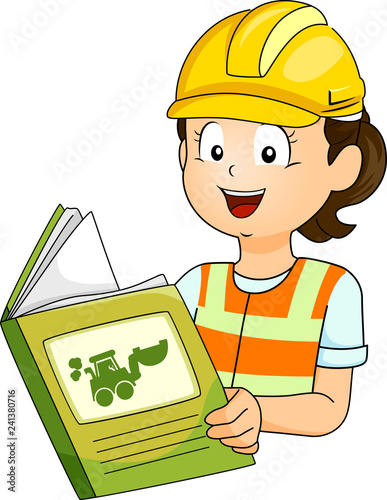 Kid Girl Read Construction Manual Illustration