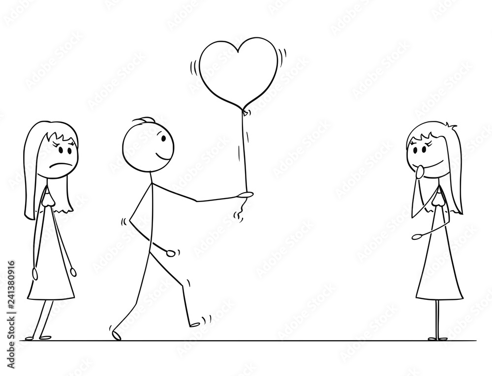 Cartoon stick drawing conceptual illustration of loving man or boy in love choosing to give heart shaped balloon to one woman or girl instead of another. Competition in love. Cartoon stick drawing conceptual illustration of loving man or boy in love choosing to give heart shaped balloon to one woman or girl instead of another. Competition in love.