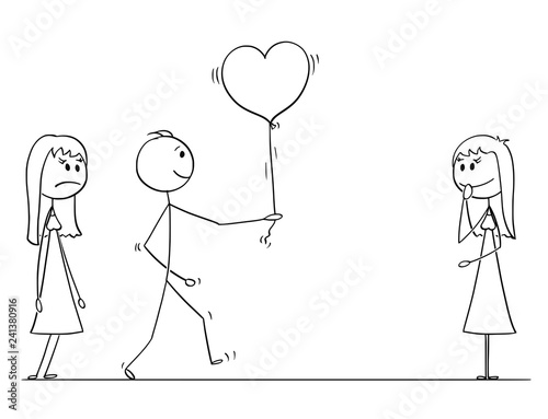 Cartoon stick drawing conceptual illustration of loving man or boy in love choosing to give heart shaped balloon to one woman or girl instead of another. Competition in love.
