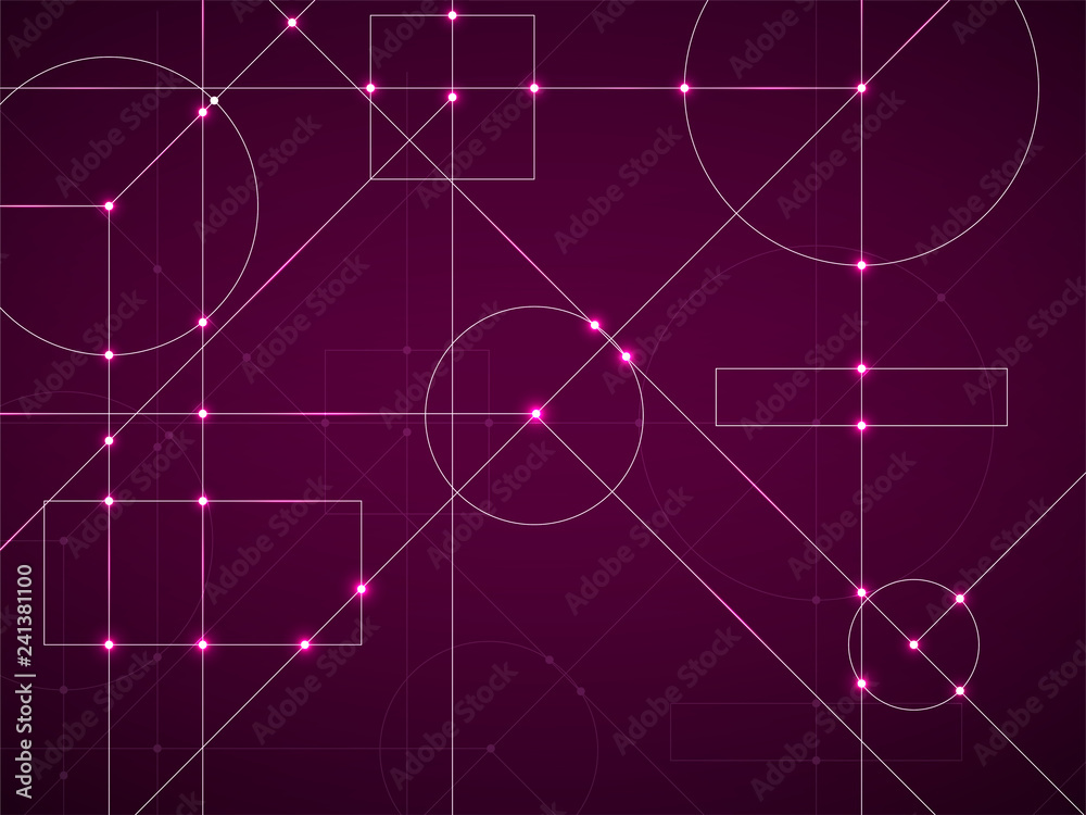 Abstract neon background of engineering drawing. Technological wallpaper made with circles and lines. Geometric design