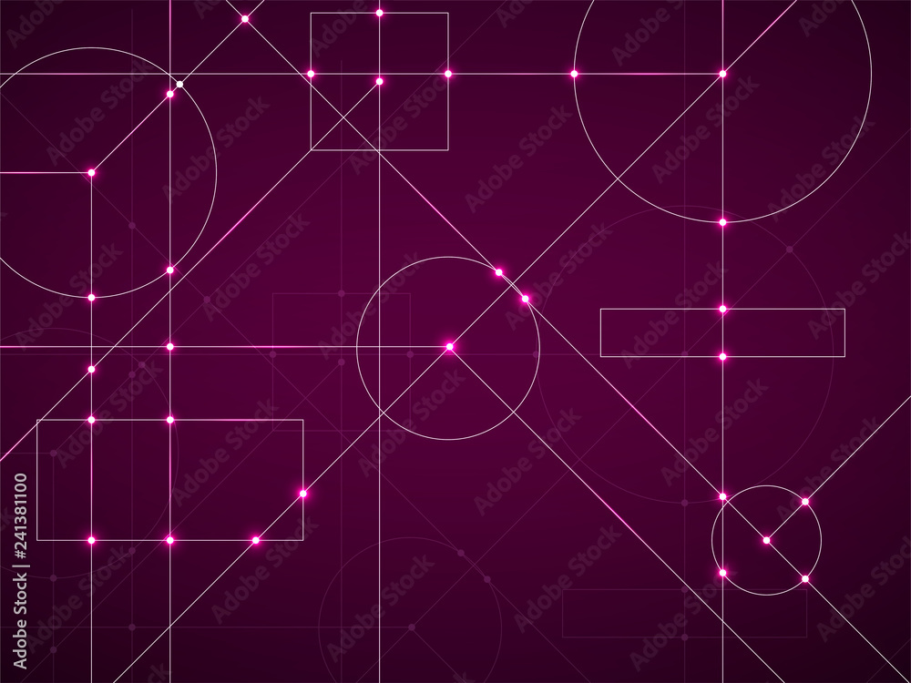 Fototapeta premium Abstract neon background of engineering drawing. Technological wallpaper made with circles and lines. Geometric design