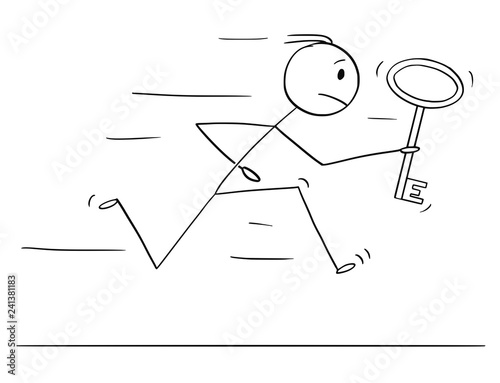 Cartoon stick drawing conceptual illustration of man or businessman running with big key as problem solution metaphor.